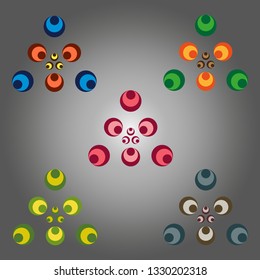 Illustration of abstract gray background pattern and colored geometric shapes of circles arranged in triangles for decoration