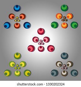 Illustration of abstract gray background pattern with shadow and colored geometric shapes of circles arranged in triangles for printing on the wrapper