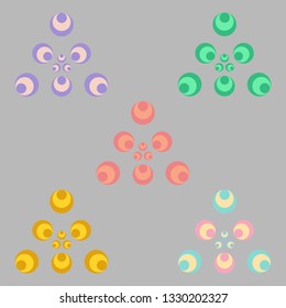 Illustration of an abstract gray background pattern with colored circles arranged in triangles for postcard or textile decoration
