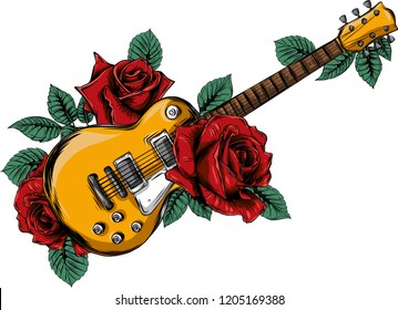 Illustration Abstract Guitar With Red Rose. Vector