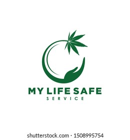 Illustration of abstract hand in a position guarding a marijuana leaf logo design graphic.