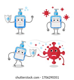 Illustration abstract hand sanitizer mascot design and covid-19 virus vector graphic