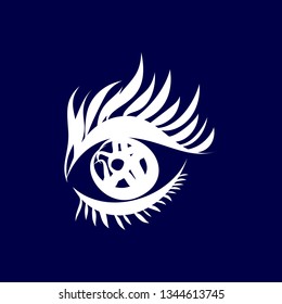 Illustration of Abstract Human Eye Icon. Isolated on Dark-blue Background. Sketch for Tattoo, Hipster T-shirt Design, Vintage style posters. Coloring Book for Adults