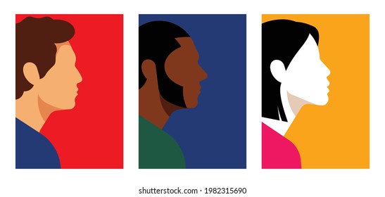 Illustration with abstract human profile. Set of posters with male and female face. Abstract portraits on vivid back. Template for ad, invitation, billboard or brochure cover design. Modern vector