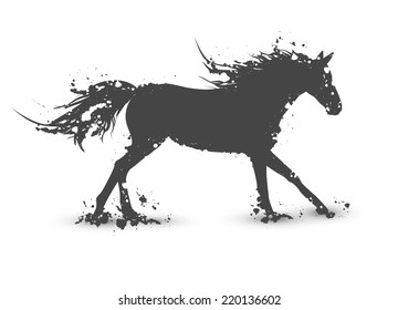 Illustration of Abstract Ink Splashes Horse In Motion Over White Background