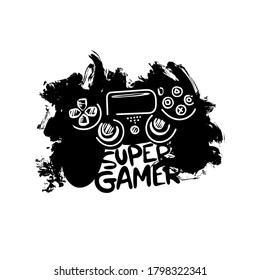 Illustration, abstract joystick. Text, super gamer. Print design for t-shirt, poster. Grunge style, hand-drawing.