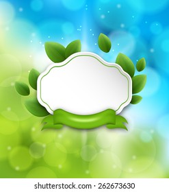 Illustration abstract label with eco green leaves and ribbon on glowing background - vector