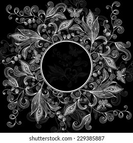 Illustration of abstract lacy flowers in white and grey colors with banner on black background 
