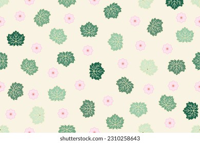 Illustration of the abstract leaves and pink flower on soft yellow background.