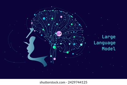 Illustration of abstract line and dot. Big data, technology, AI, data transfer, data flow, large language model, generative ai, natural language generative, data mining, AI brain. NLP, LLM