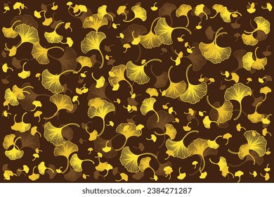 Illustration, Abstract line of Ginkgo biloba leaves on dark brown background.