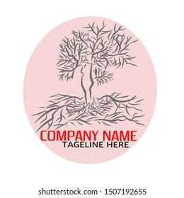 Illustration of abstract logo. Dry tree, isolated pink background