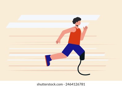 Illustration of abstract man running competition with leg prostheses in a tank top and shorts. Running athlete flat design illustration.