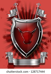 illustration of an abstract metallic shield shield with red bull