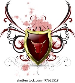illustration of an abstract metallic shield shield with red bull