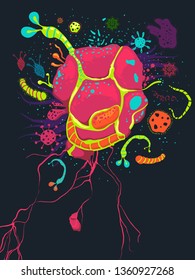 Ilustración de un abstracto mundo microscópico en colores festivos