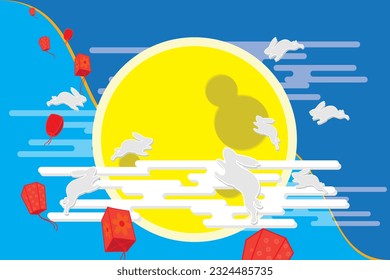 Illustration, Abstract of the mid autumn festival with fullmoon and rabbit on blue color background.