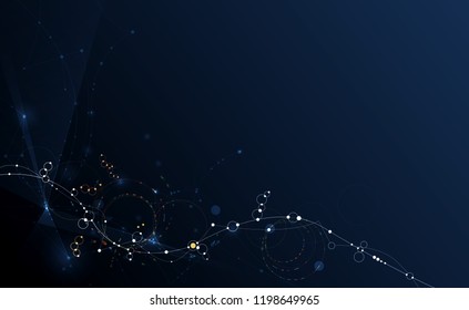 Illustration Abstract Molecule with Circle, Line, Geometric,Polygon,Triangle pattern. Vector design network communication technology on blue background. Futuristic, digital science technology concept
