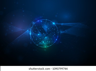 Illustration Abstract Molecules and 3D Mesh with Circles, Lines, Geometric, Polygonal, Triangle pattern.Vector design communication technology on blue background. Futuristic digital technology concept