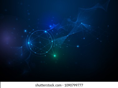 Illustration Abstract Molecules and 3D Mesh with Circles, Lines, Geometric, Polygonal, Triangle pattern.Vector design communication technology on blue background. Futuristic digital technology concept
