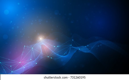 Illustration Abstract Molecules and 3D Mesh with light effect, wave lines, wavy pattern. Vector design communication technology on blue background. Futuristic- digital technology concept