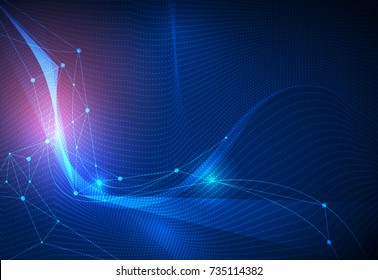 Illustration Abstract Molecules and 3D Mesh with light effect, wave lines, wavy pattern. Vector design communication technology on blue background. Futuristic- digital technology concept