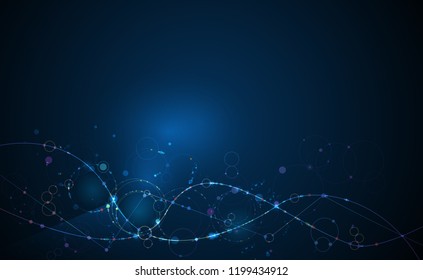 Illustration Abstract Molecules with Circle, Line, Geometric,Polygon,Triangle pattern.Vector design network communication technology on blue background. Futuristic, digital science technology concept
