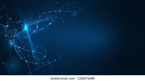 Illustration Abstract Molecules with Circles, Line, Geometric, Polygon, Triangle pattern. Vector design network communication technology on dark blue background. Futuristic, digital science technology