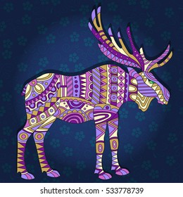 Illustration with abstract moose on a dark blue floral background
