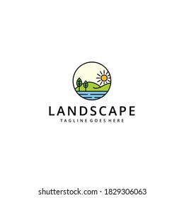 Illustration abstract Mountain modern landscape with tree and sun Vector logo design template