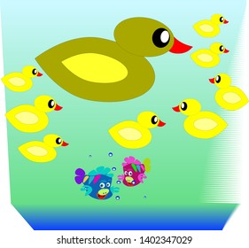 illustration of abstract multi-colored fish air bubbles duck with ducklings floating in water cartoon light and dark background vector graphics