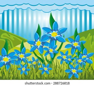 Illustration of a abstract nature landscape with scilla bifolia