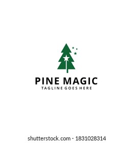 Illustration abstract nature pine evergreen tree with magic stick sign logo design template icon