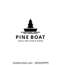 Illustration abstract nature pine evergreen tree with sailboat sign logo design template icon