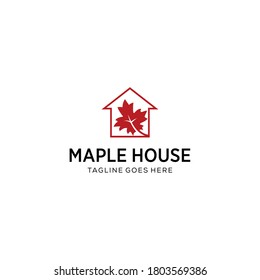 Illustration abstract nature red maple leaf on the house logo design template