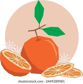 Illustration, Abstract orange fruit with leaf on soft orange circle background.
