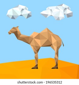 Illustration of abstract origami camel in desert