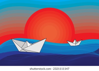 Illustration the abstract of paper boat with line wave on blue and sun background.