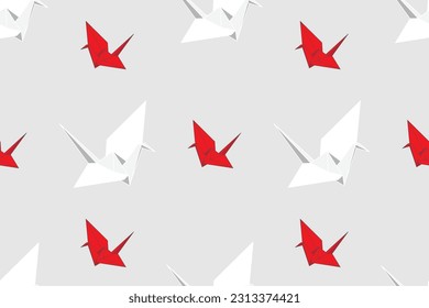 Illustration abstract pattern of the white and red origami bird and with light grey background.