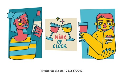 Ilustración con retratos abstractos de personas y vino. Chica con una copa de vino tinto. Impresión a la moda para el bar o el menú. Vino de la frase con letras del reloj. Vector.