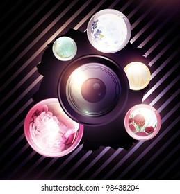 illustration of abstract photographer background with flowers in round shapes and camera lens