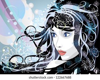 Illustration of abstract portrait of winter girl background.