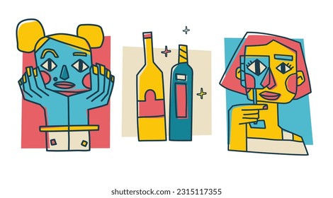 Illustration with abstract portraits and wine. Abstract people at the wine party. Girl with a glass of red wine. A man with a glass of white wine. Trendy print for bar or menu. Vector.