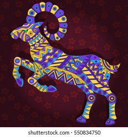 Illustration with abstract ram on a dark floral background