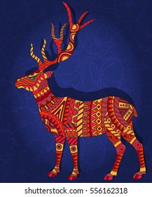 Illustration with abstract red deer on a dark blue floral background