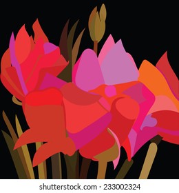 An illustration of abstract red flowers contrasted with a black background, pattern.