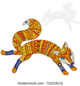 Illustration of abstract red fox, fox and painted its outline on white background , isolate