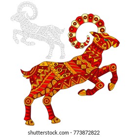 Illustration of abstract red goat, animal and painted its outline on white background , isolate