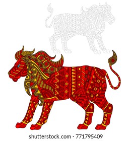 Illustration of abstract red lion, animal and painted its outline on white background , isolate