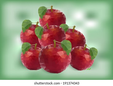 Illustration of abstract red polygonal apples with worm on green background